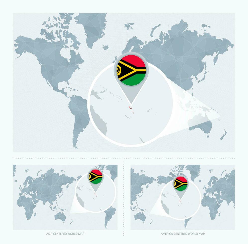 vergrößert Vanuatu Über Karte von das Welt, 3 Versionen von das Welt Karte mit Flagge und Karte von Vanuatu. vektor