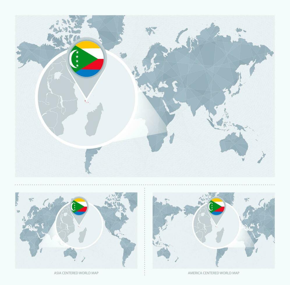 vergrößert Komoren Über Karte von das Welt, 3 Versionen von das Welt Karte mit Flagge und Karte von Komoren. vektor