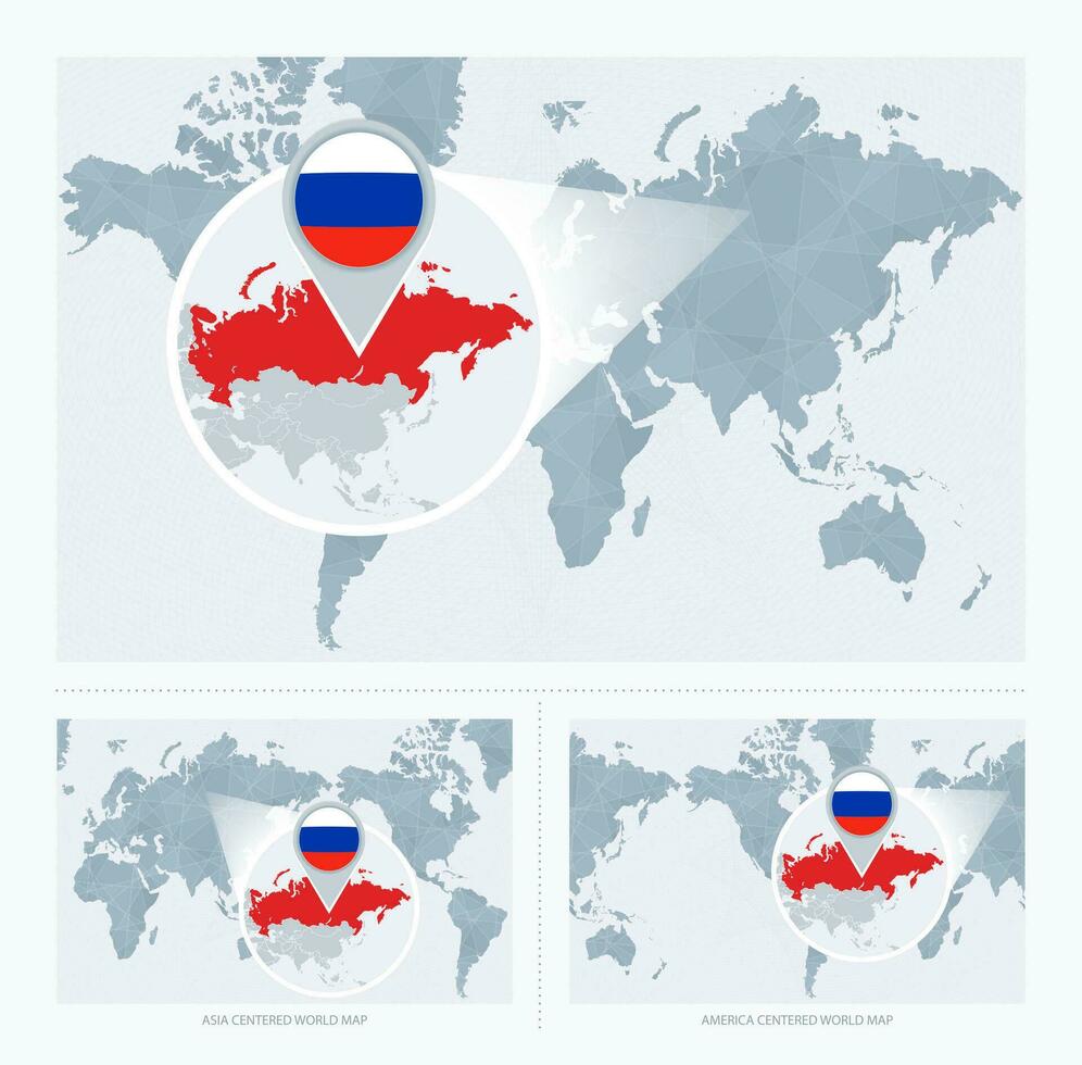 förstorade ryssland över Karta av de värld, 3 versioner av de värld Karta med flagga och Karta av Ryssland. vektor