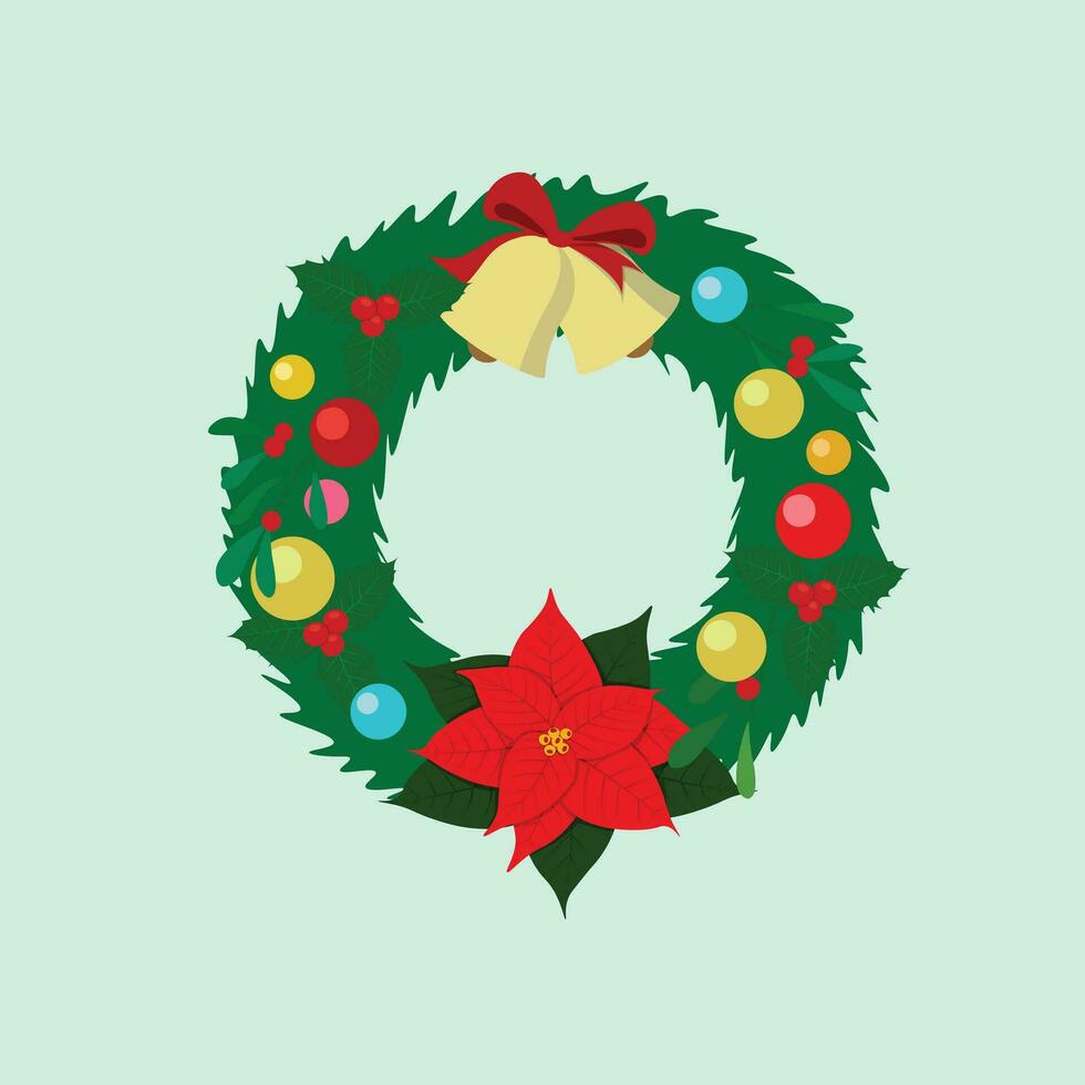jul platt isolerat illustration vektor. jul krans med klockor, julstjärna, järnek, mistel och grannlåt. för jul och ny år hälsning kort, banderoller, taggar, etiketter, bakgrund. vektor