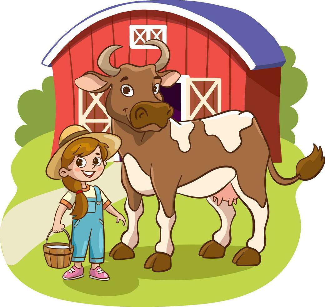 Illustration von ein süß wenig Mädchen und ein Kuh auf ein Bauernhof vektor