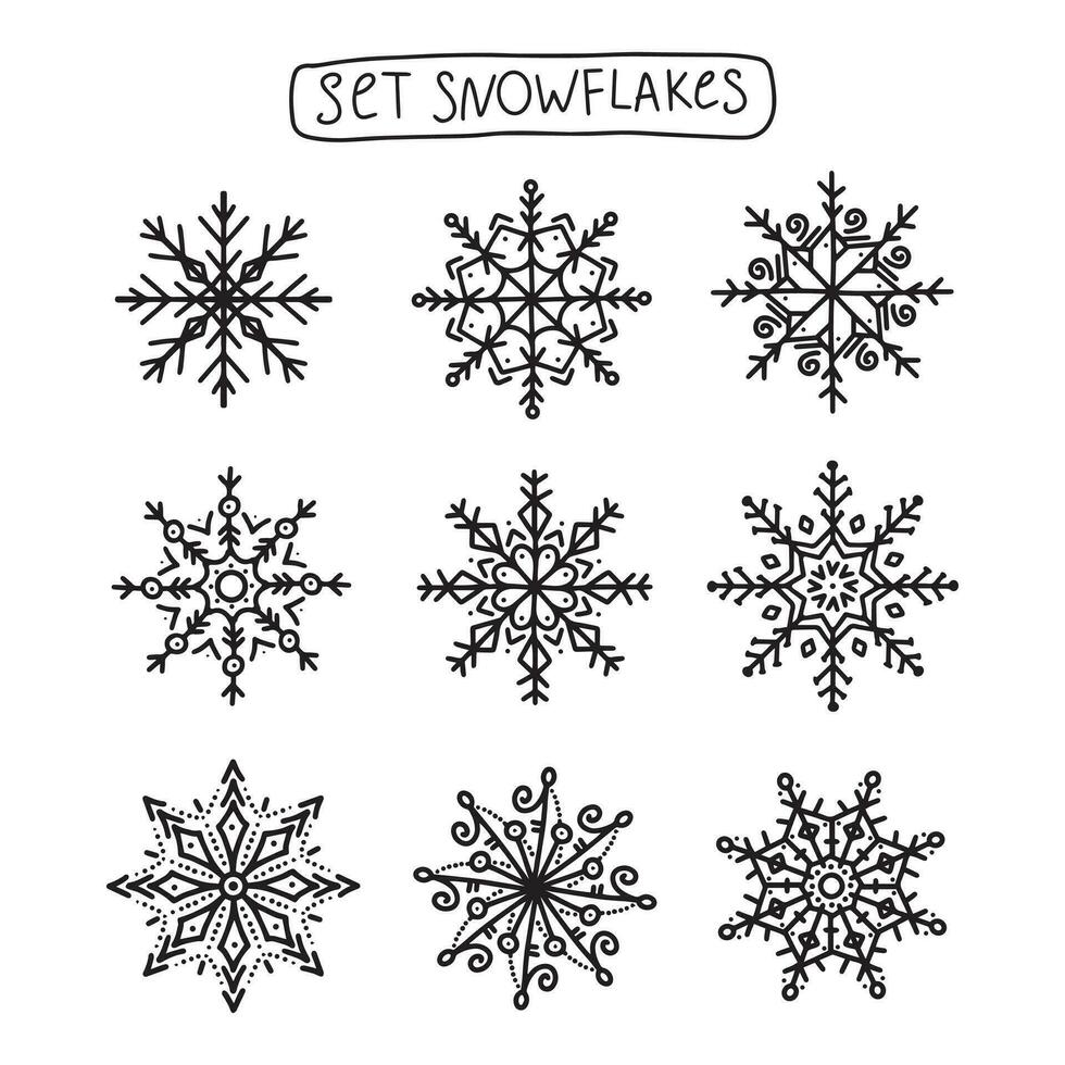 Vektor einstellen von schwarz isoliert Schneeflocken Symbol Silhouette auf Weiß Hintergrund. eben Schnee Symbole zum Weihnachten Banner, Karten. Neu Jahr Konzept
