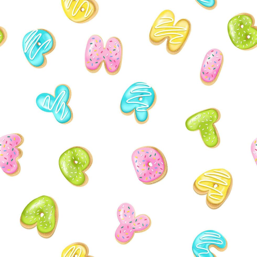 nahtlos Hintergrund mit ein Muster von Donuts im realistisch Stil, 3d. Design zum Verpackung, Banner, Poster, Bäckerei Speisekarte. Vektor Illustration