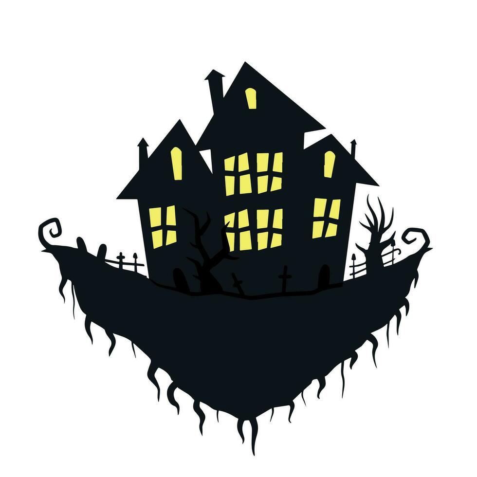 Halloween verfolgt Haus isoliert auf Weiß Hintergrund. unheimlich dunkel Silhouette von Zuhause oder Villa. Karikatur Vektor gespenstisch Illustration. gotisch süß Stadt, Dorf