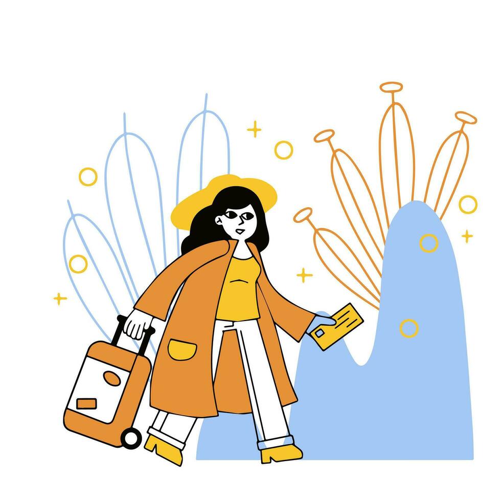 Frau beim Flughafen. Mädchen mit Koffer sich beeilen. Gepäck und Gepäck. Fahrkarte im Hand. weiblich Charakter geht auf Ferien vektor