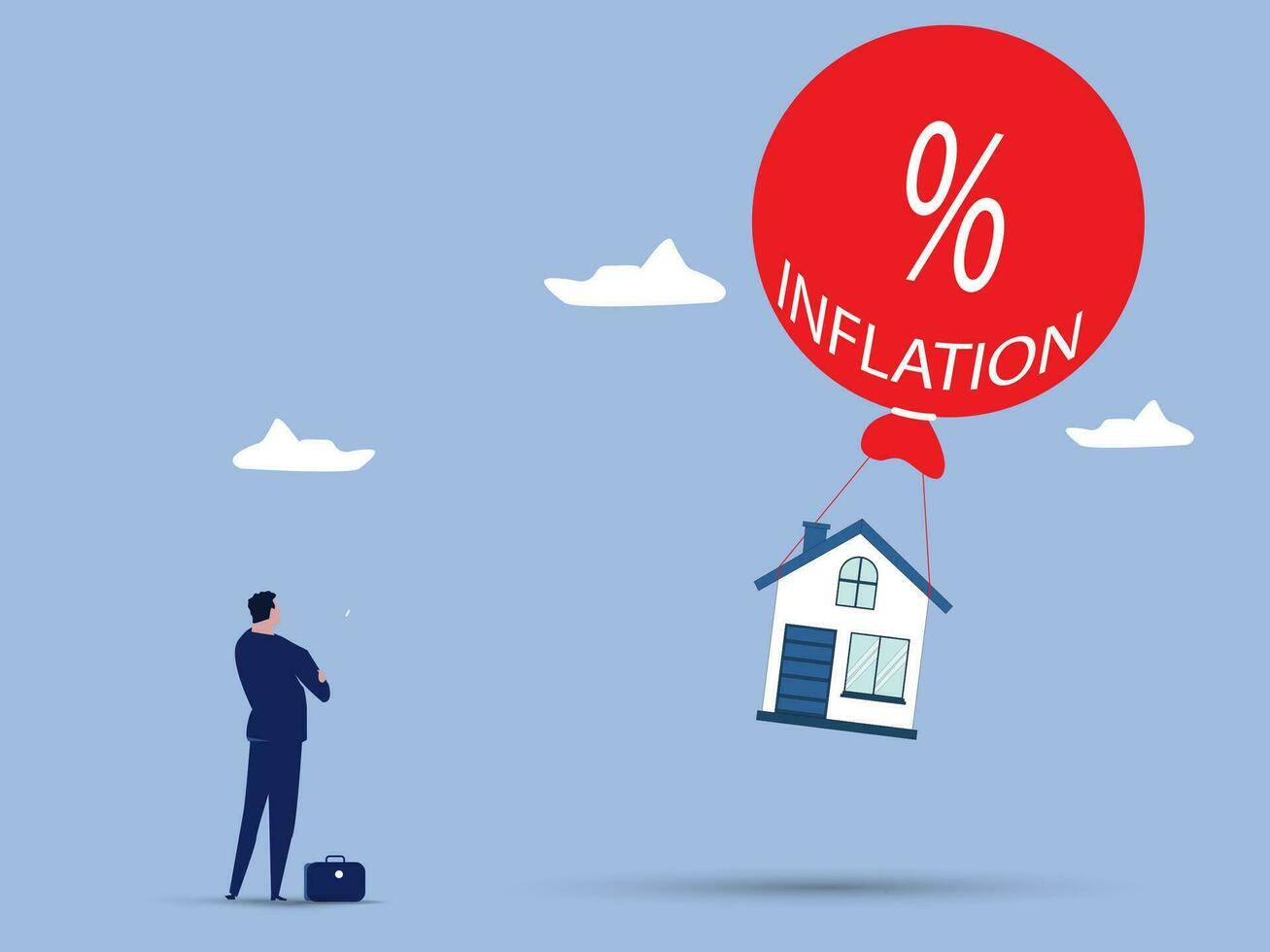 verklig egendom inflation, affärsman löpning till förhindra inflation från stigande hus priser hus flyter i ballong. vektor illustration.