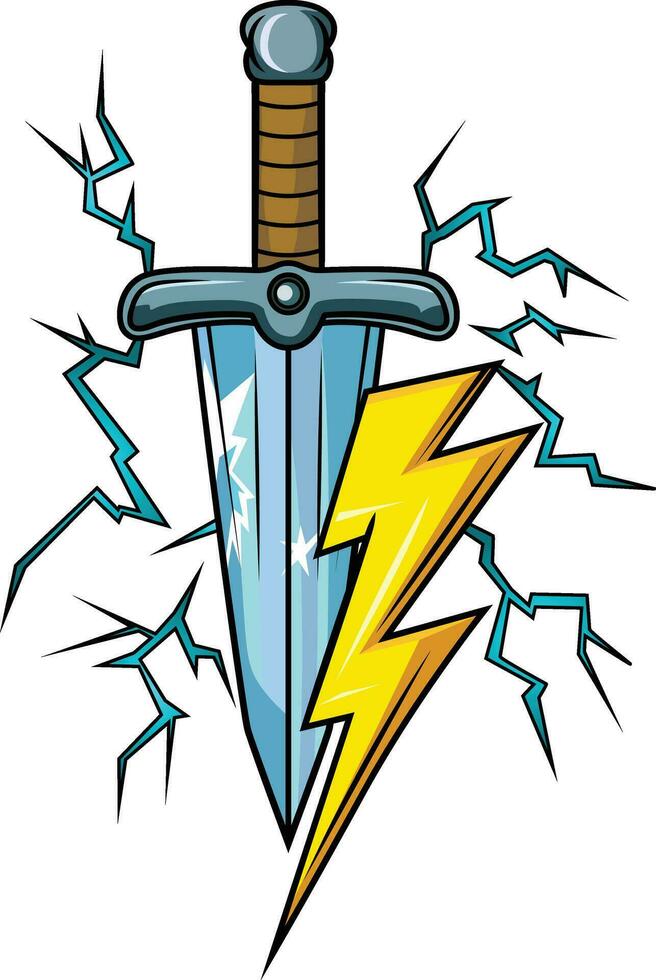Blitz und Schwert Karikatur Vektor Illustration, Schwert, Dolch mit Blitzschläge und Blitz farbig und schwarz und Weiß Lager Vektor Bild