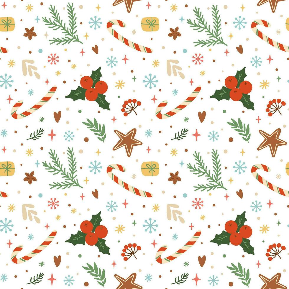 Weihnachten Süßigkeiten Stock Muster, Blumen- Blätter, Beeren, Schneeflocken, Sterne, Tanne Geäst Elemente auf Weiß Hintergrund. Vektor Winter Urlaub wiederholen Hintergrund. süß Weihnachten Hintergrund, Verpackung Papier, Stoff