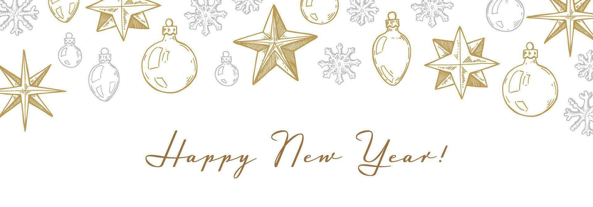 glad jul och Lycklig ny år horisontell hälsning kort med hand dragen gyllene stjärnor och snöflingor. vektor illustration i skiss stil. Semester festlig bakgrund