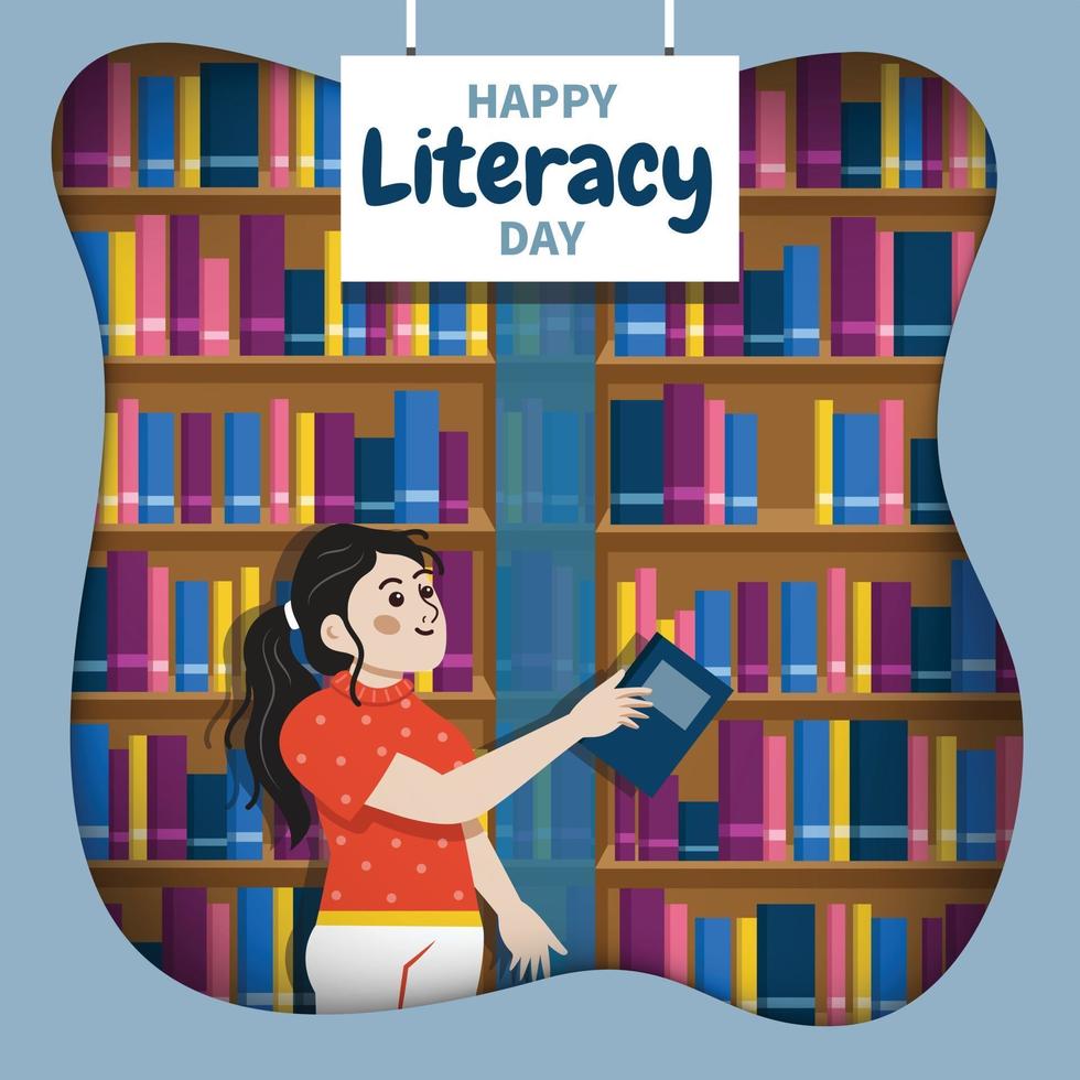 glad läskunnighetsdag med biblioteksbakgrund vektor