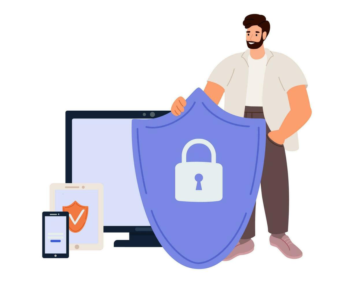 cyber säkerhet cyber säkerhet och Integritet begrepp. man innehav uppkopplad skydd skydda som symbol av försvar och säkra. person försvara och skyddande data. vektor illustration.