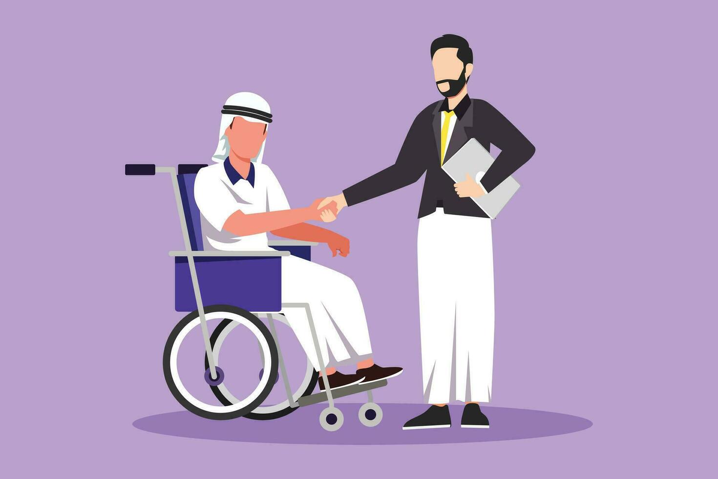 karaktär platt teckning handikapp sysselsättning ansvar, arbete för Inaktiverad människor. disable arab man sitta i rullstol skakning hand med kollega i kontor. tecknad serie design vektor illustration