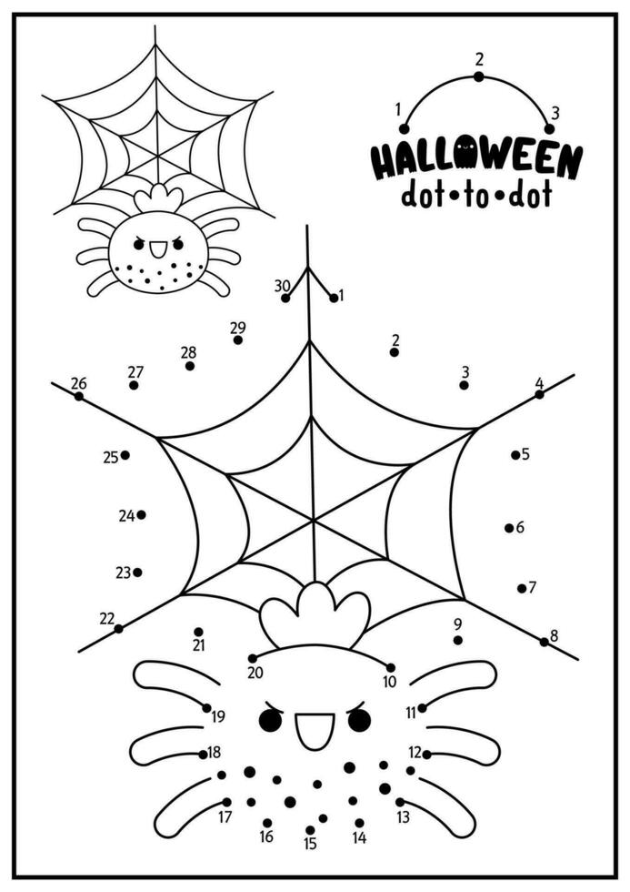 vektor halloween prick-till-prick och Färg aktivitet med söt söt Spindel och webb. höst Semester ansluta de prickar spel för barn. Allt helgon dag färg sida för ungar. tryckbar kalkylblad