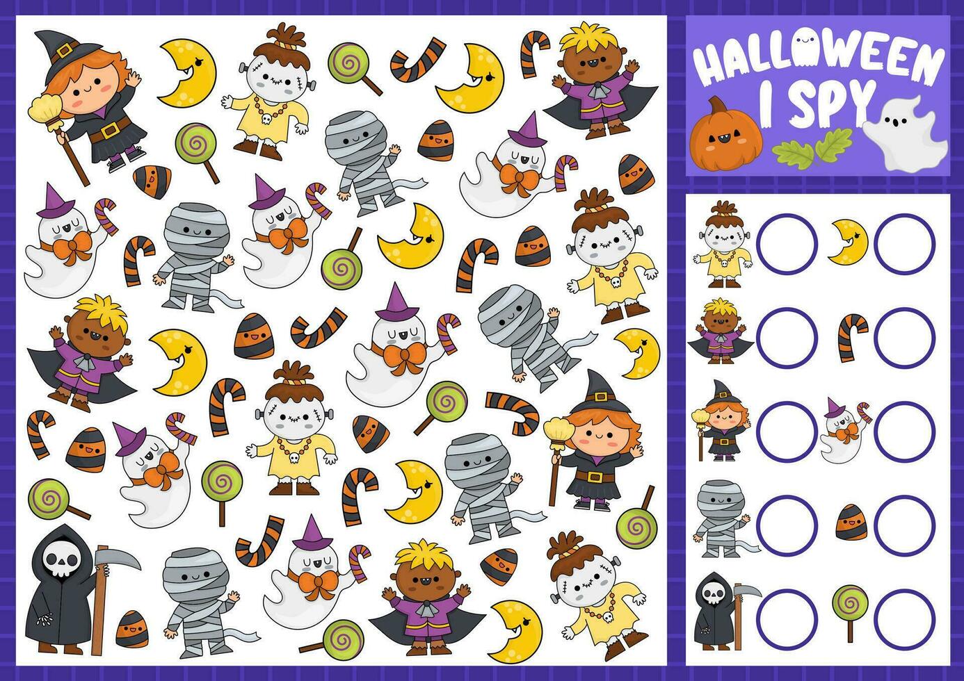 Halloween ich Spion Spiel zum Kinder. suchen und Zählen Aktivität mit süß kawaii Figuren. unheimlich Herbst druckbar Arbeitsblatt zum Vorschule Kinder. einfach alle Heilige Tag Spek Puzzle vektor