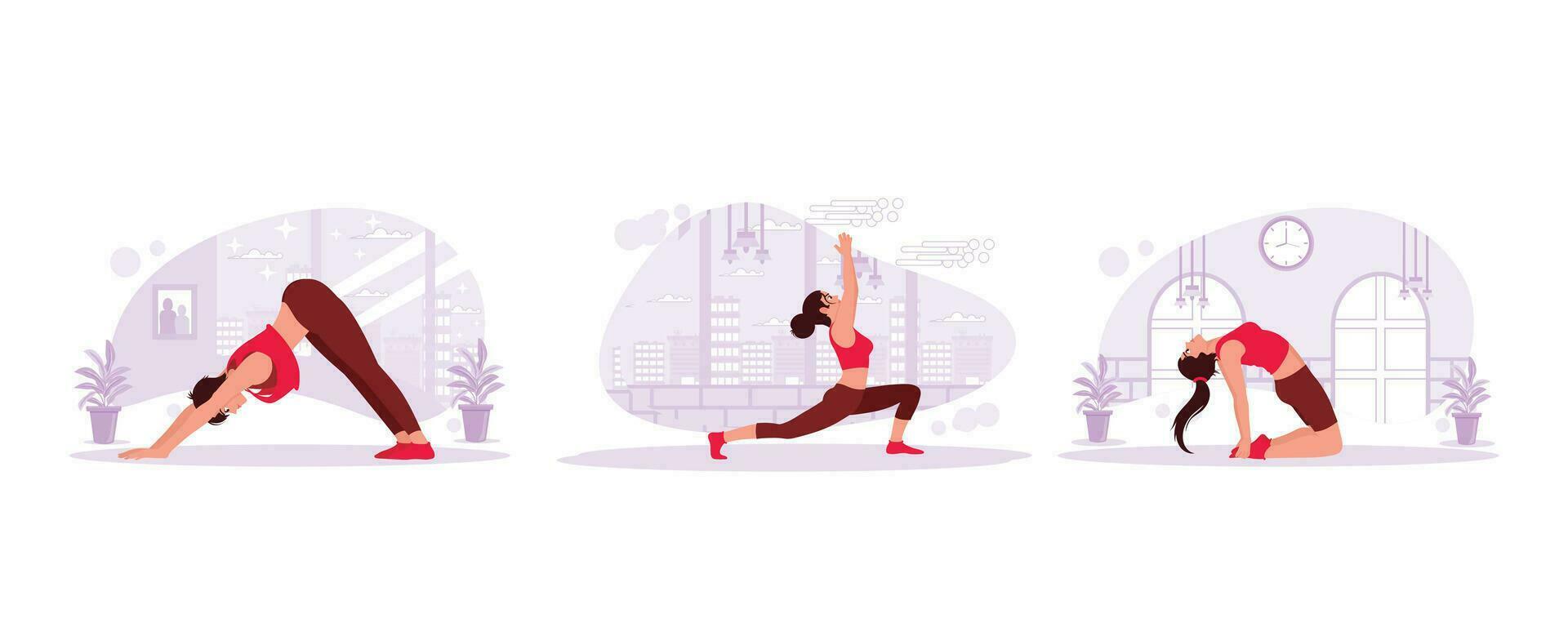 porträtt av tre kvinnor praktiserande yoga lugnt i ett lägenhet, studio, och på Hem. trend modern vektor platt illustration.