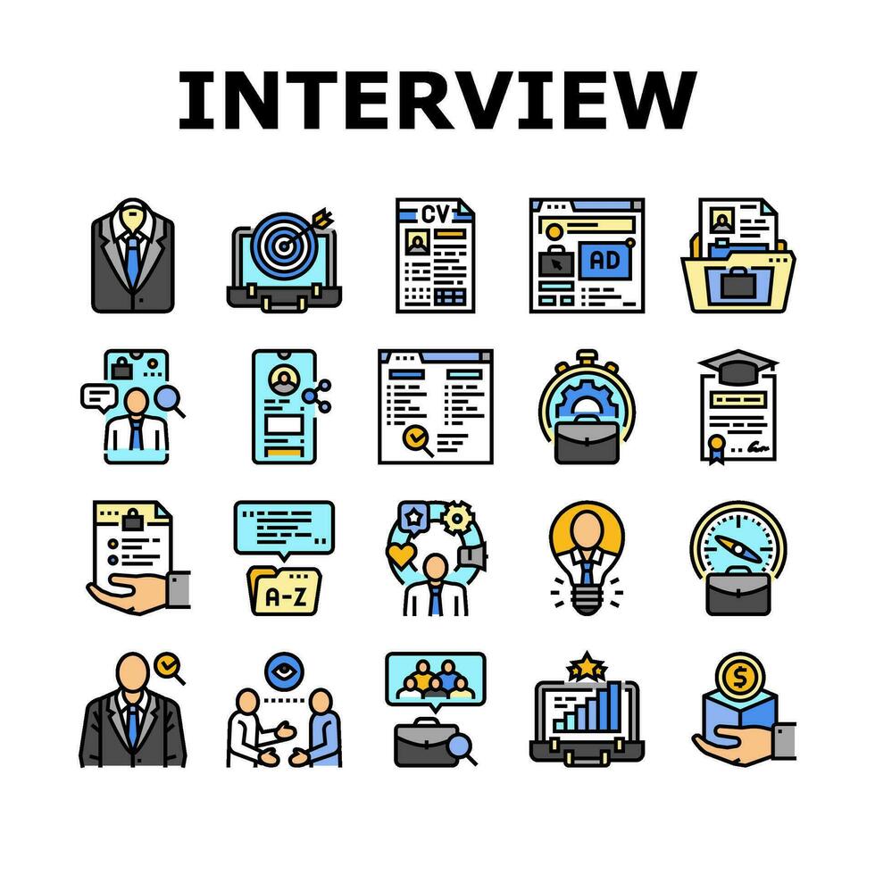 Interview Job Geschäft Mitarbeiter Symbole einstellen Vektor