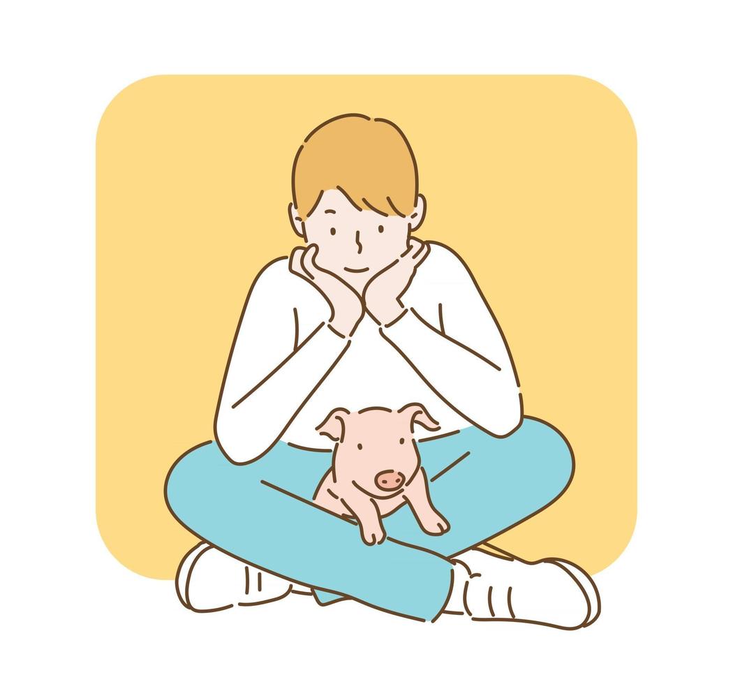 ein Junge sitzt auf dem Boden und ein Babyschwein ist auf seinem Bein. handgezeichnete Stilvektordesignillustrationen. vektor