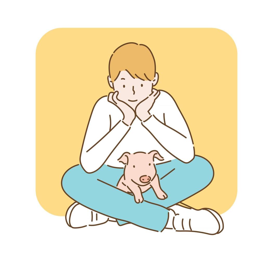en pojke sitter på golvet och en gris är på hans ben. handritade illustrationer för stilvektordesign. vektor