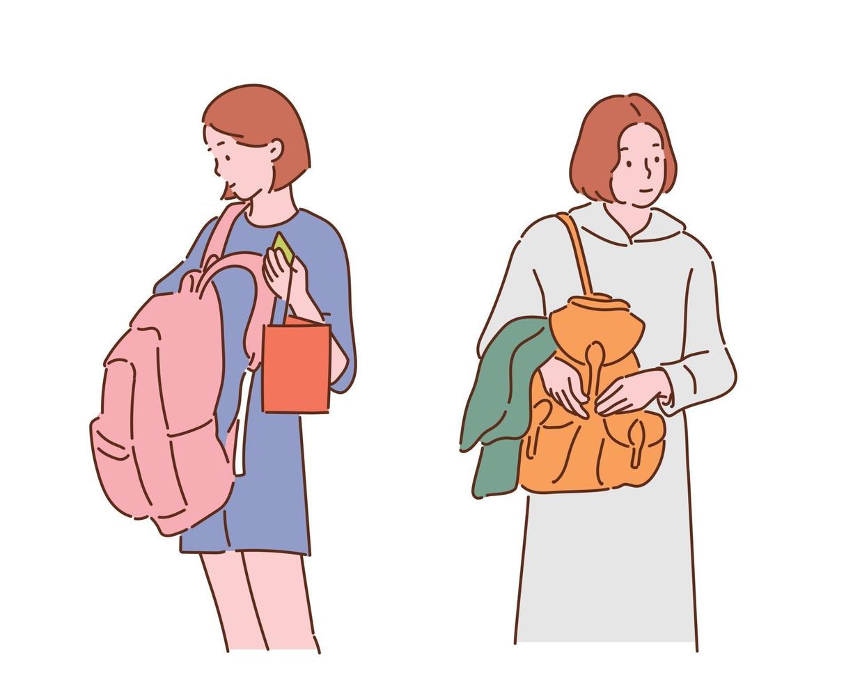 Frauen suchen nach Dingen in einem Rucksack. handgezeichnete Stilvektordesignillustrationen. vektor