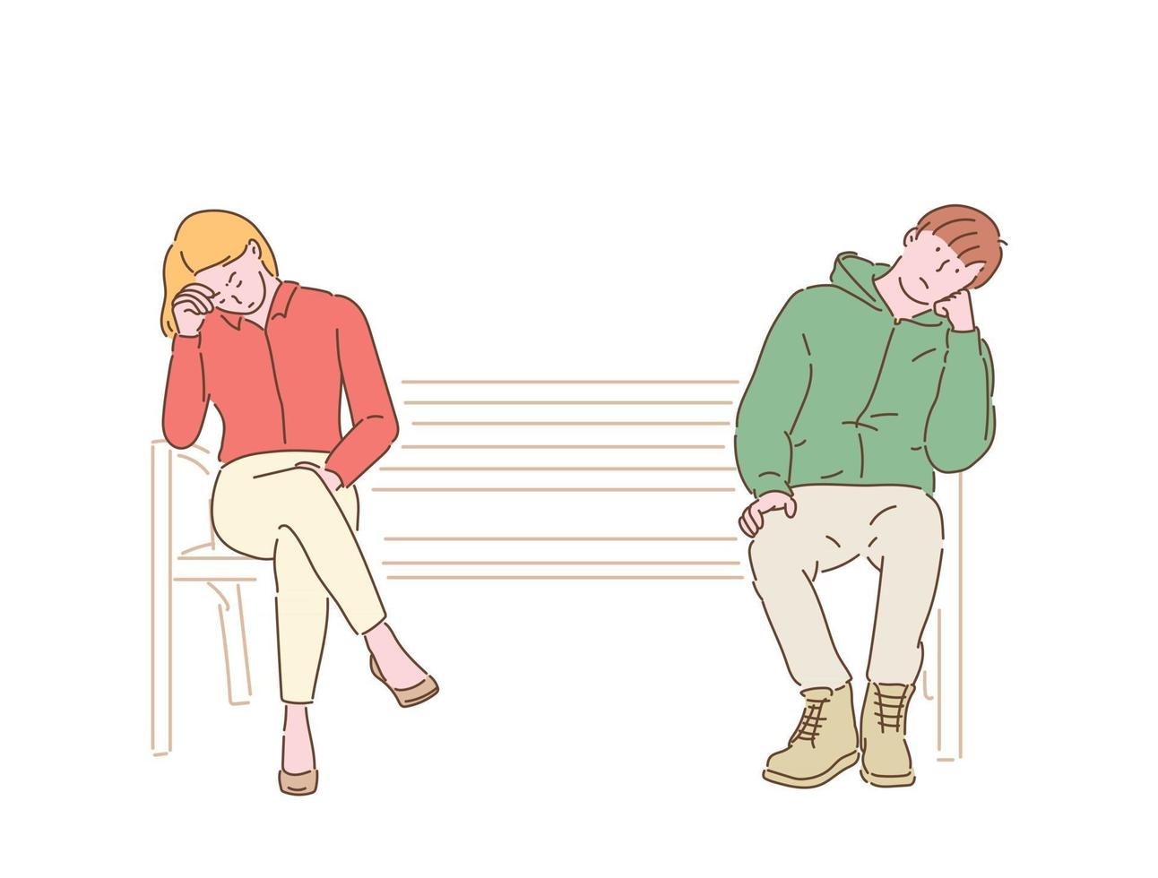 ein Mann und eine Frau sitzen an beiden Enden einer Bank und sehen gelangweilt aus. handgezeichnete Stilvektordesignillustrationen. vektor