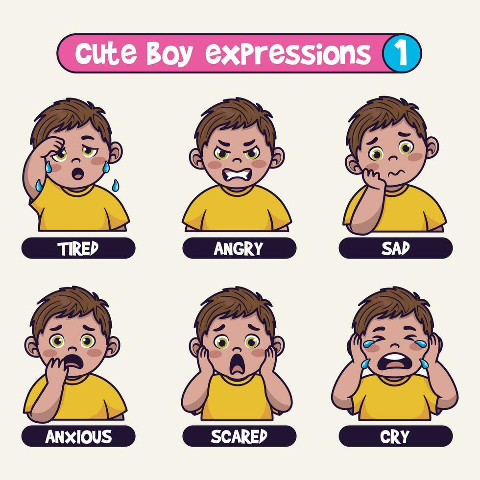 süß Junge im verschiedene Ausdrücke Karikatur Vektor Symbol Illustration. Hand gezeichnet Emotes Element Sammlung.