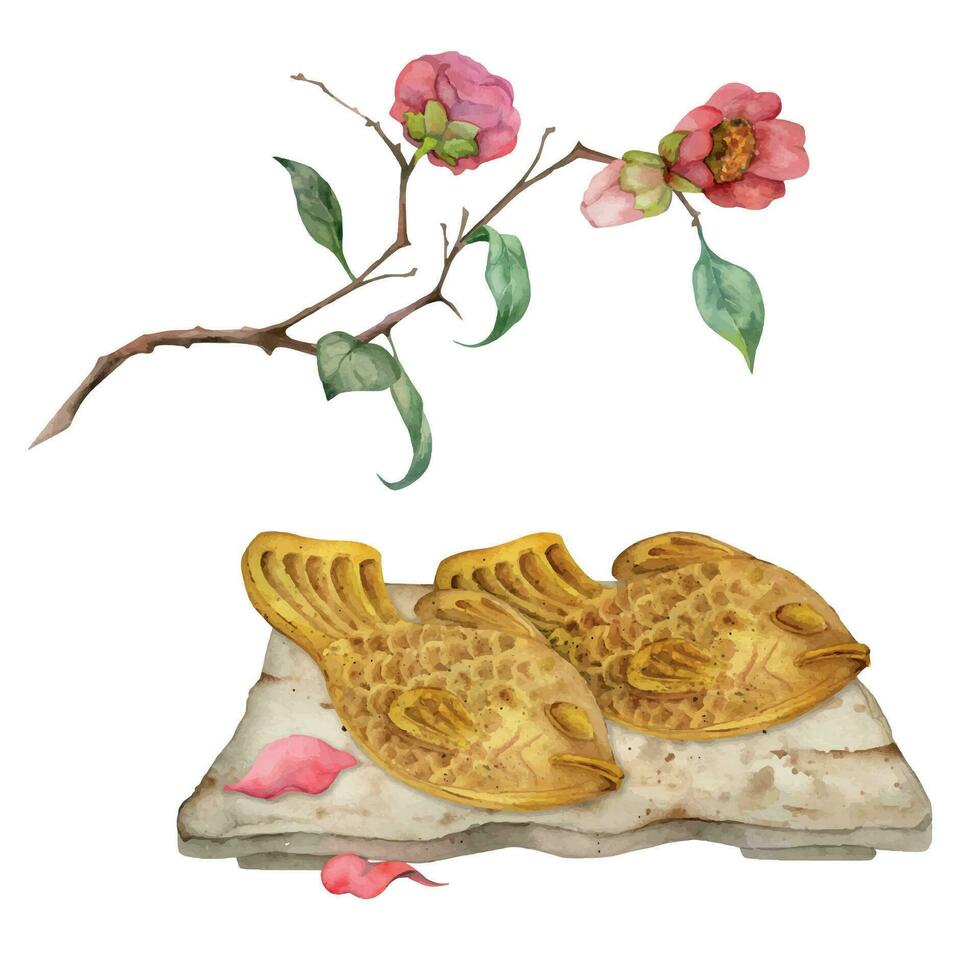 Aquarell Hand gezeichnet traditionell japanisch Süßigkeiten. Keramik Gericht, Taiyaki, Winter Kamelie Blumen. isoliert auf Weiß Hintergrund. Design zum Einladungen, Restaurant Speisekarte, Gruß Karten, drucken, Textil- vektor