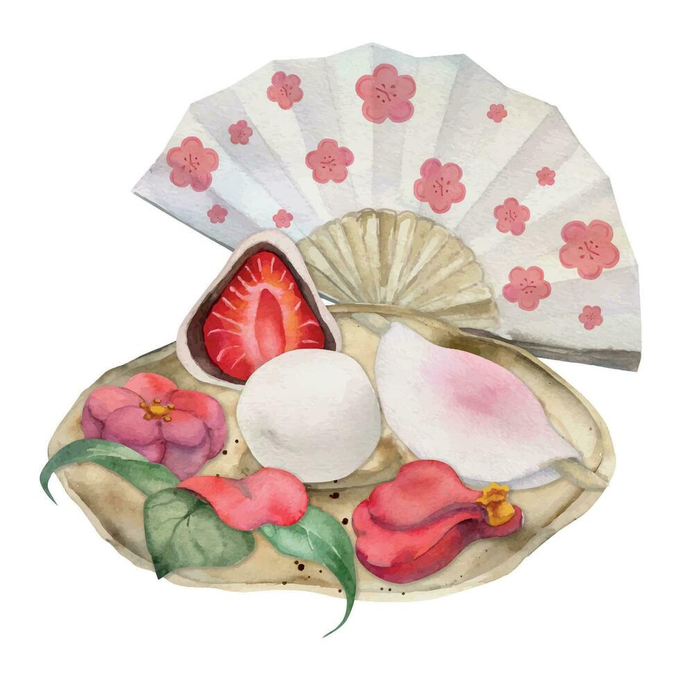 Aquarell Hand gezeichnet traditionell japanisch Süßigkeiten. Keramik Gericht, wagashi von Winter Kamelie Design isoliert auf Weiß Hintergrund. Design zum Einladungen, Restaurant Speisekarte, Gruß Karten, drucken, Textil- vektor