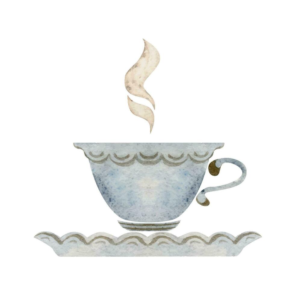 Aquarell Hand gezeichnet Illustration. Weiß und Gold Porzellan Tee Tasse auf Untertasse, Teegeschirr, Küche Geschirr. isoliert auf Weiß Hintergrund. Einladungen, Cafe, Restaurant Essen Speisekarte, drucken, Webseite, Karten vektor