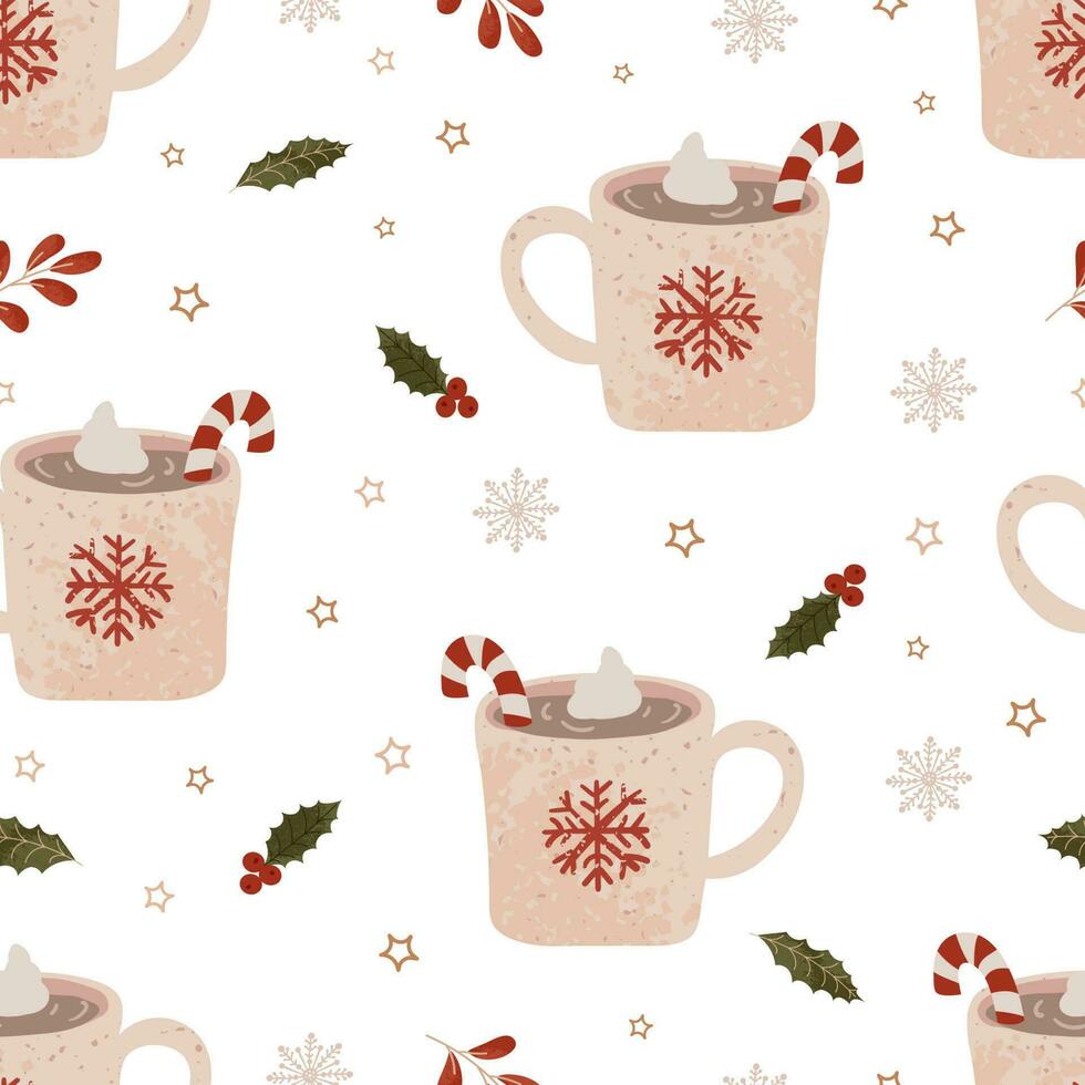 bunte illustration des weihnachtsbechers mit kakao, sahne und einem weihnachtsrohrlutscher vektor