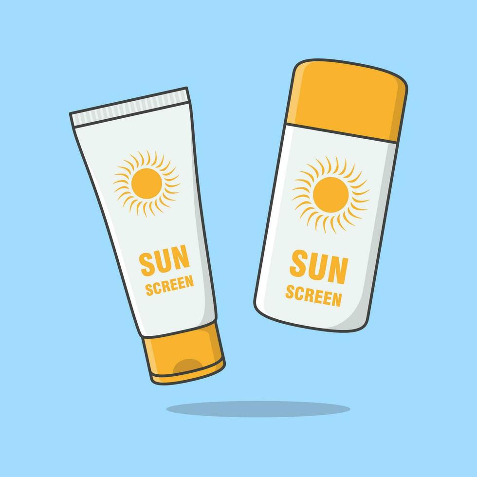 Solskydd grädde och Solskydd lotion tecknad serie vektor illustration. Sol skydd kosmetisk produkt platt ikon översikt. solkräm eller hudvård