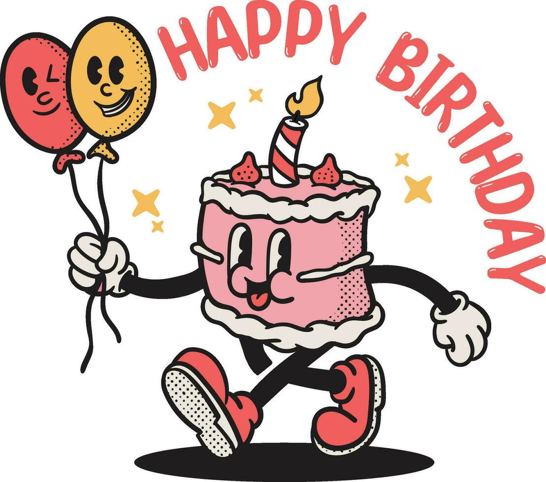 årgång karaktär tecknad serie födelsedag kaka innehav ballong vektor