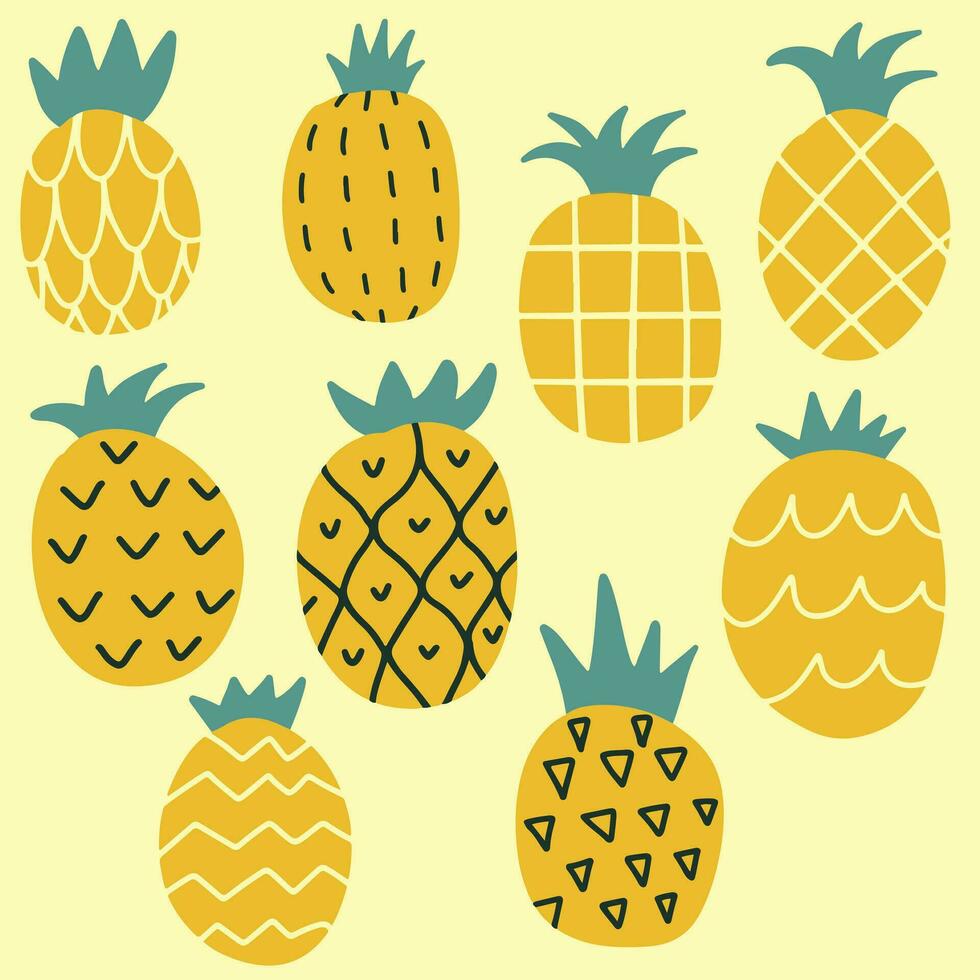 samling av dekorativ ananas av olika Färg och textur isolerat på vit bakgrund. bunt av exotisk tropisk mogen saftig frukter. färgrik hand dragen vektor illustration i klotter stil.