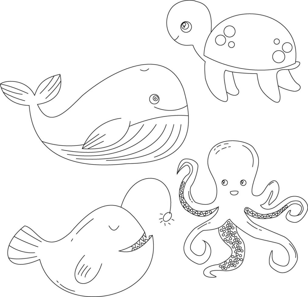 översikt under vattnet djur ClipArt uppsättning i tecknad serie stil. inkluderar 4 hav djur för barn och barn vektor