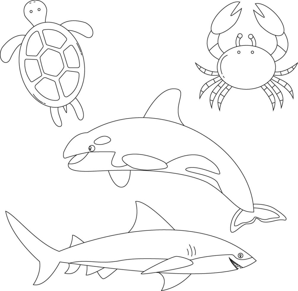 Gliederung Meer Kreaturen Clip Art einstellen im Karikatur Stil. beinhaltet 4 unter Wasser Tiere zum Kinder und Kinder vektor