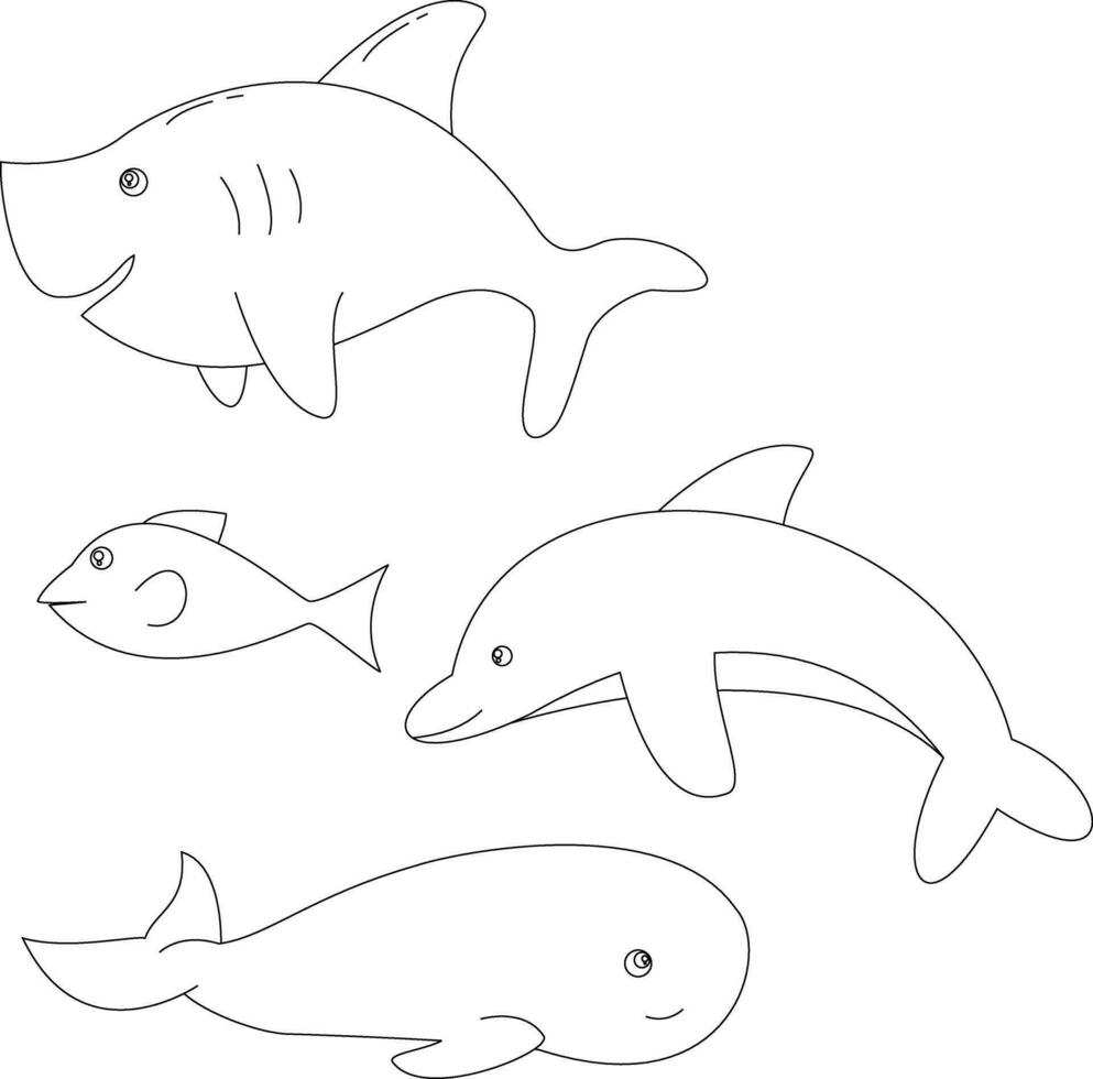 översikt hav djur ClipArt uppsättning i tecknad serie stil. inkluderar 4 vatten- djur för barn och barn vektor