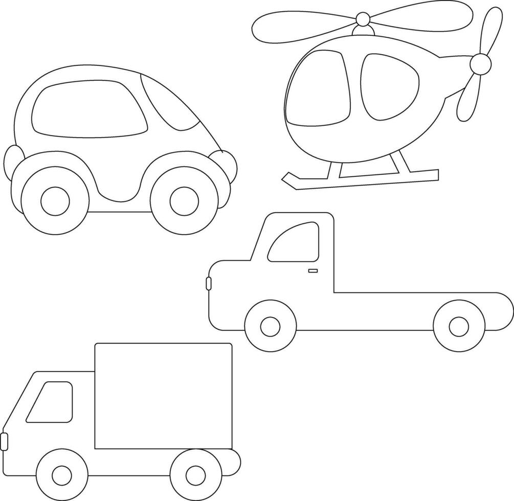 Gliederung Transport Clip Art Sammlung im Karikatur Stil zum Kinder und Kinder beinhaltet 4 Fahrzeuge vektor