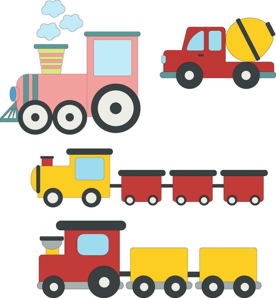 färgrik klotter transport ClipArt samling i tecknad serie stil för barn och barn inkluderar 4 fordon vektor