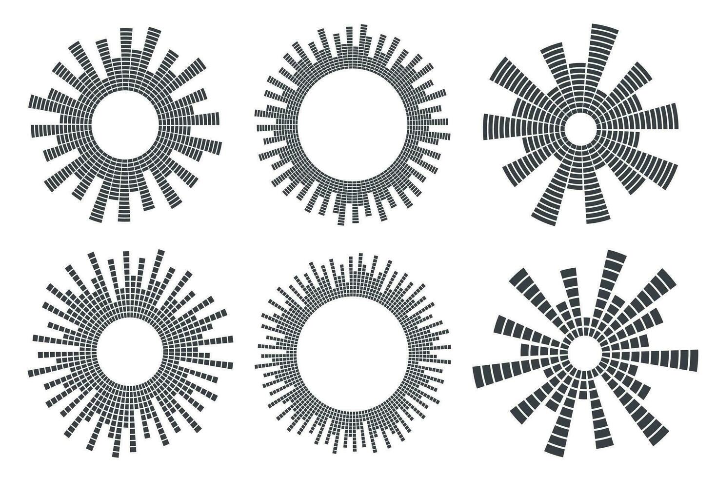 Kreis Klang Welle. Audio- Musik- Ausgleich. runden kreisförmig Symbole Satz. Spektrum radial Muster und Frequenz rahmen. Vektor Design