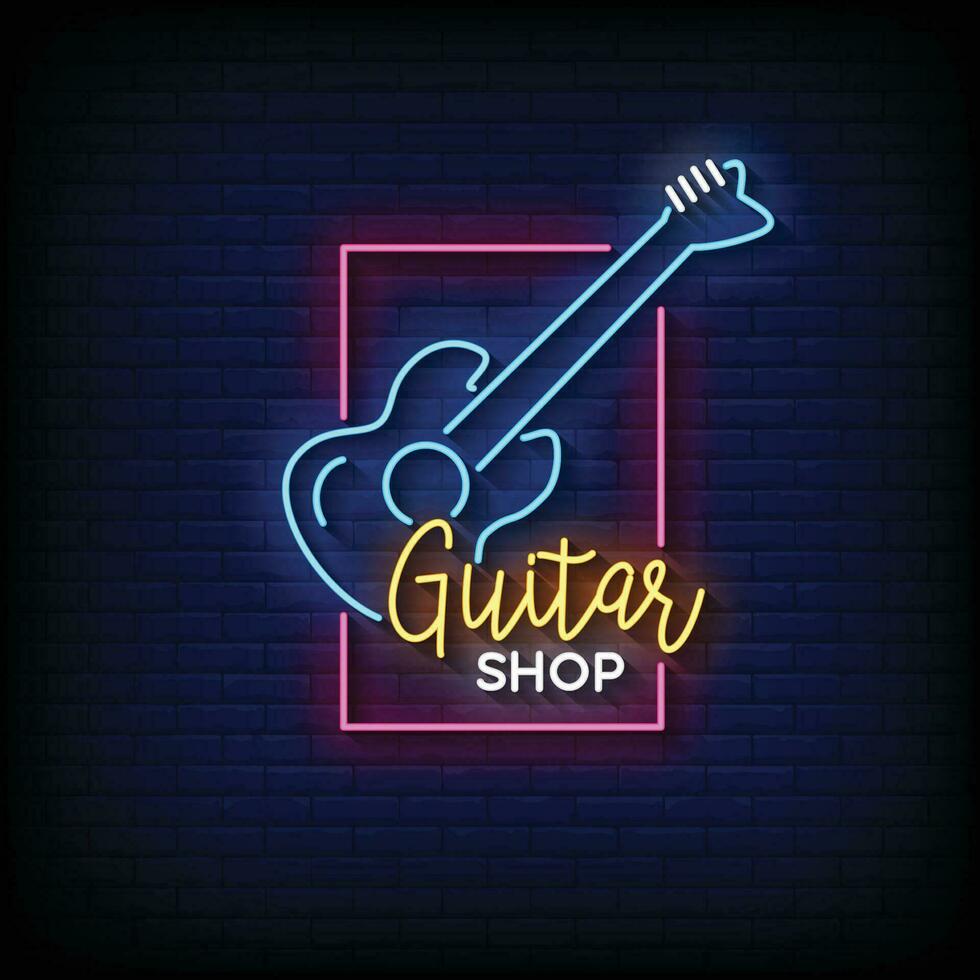 Neon- Zeichen Gitarre Geschäft mit Backstein Mauer Hintergrund Vektor