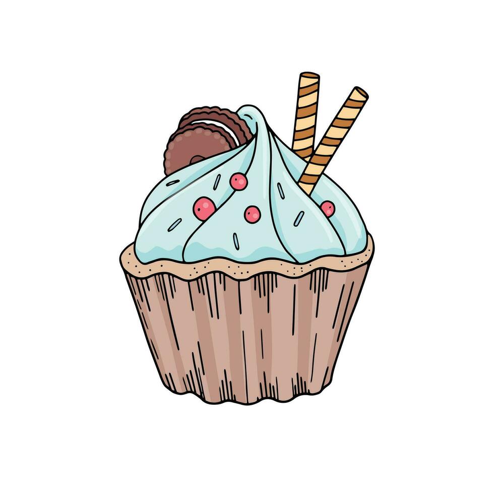 Cupcake mit Blau Creme, Schokolade Plätzchen und Waffel Röhren isoliert auf Weiß Hintergrund vektor