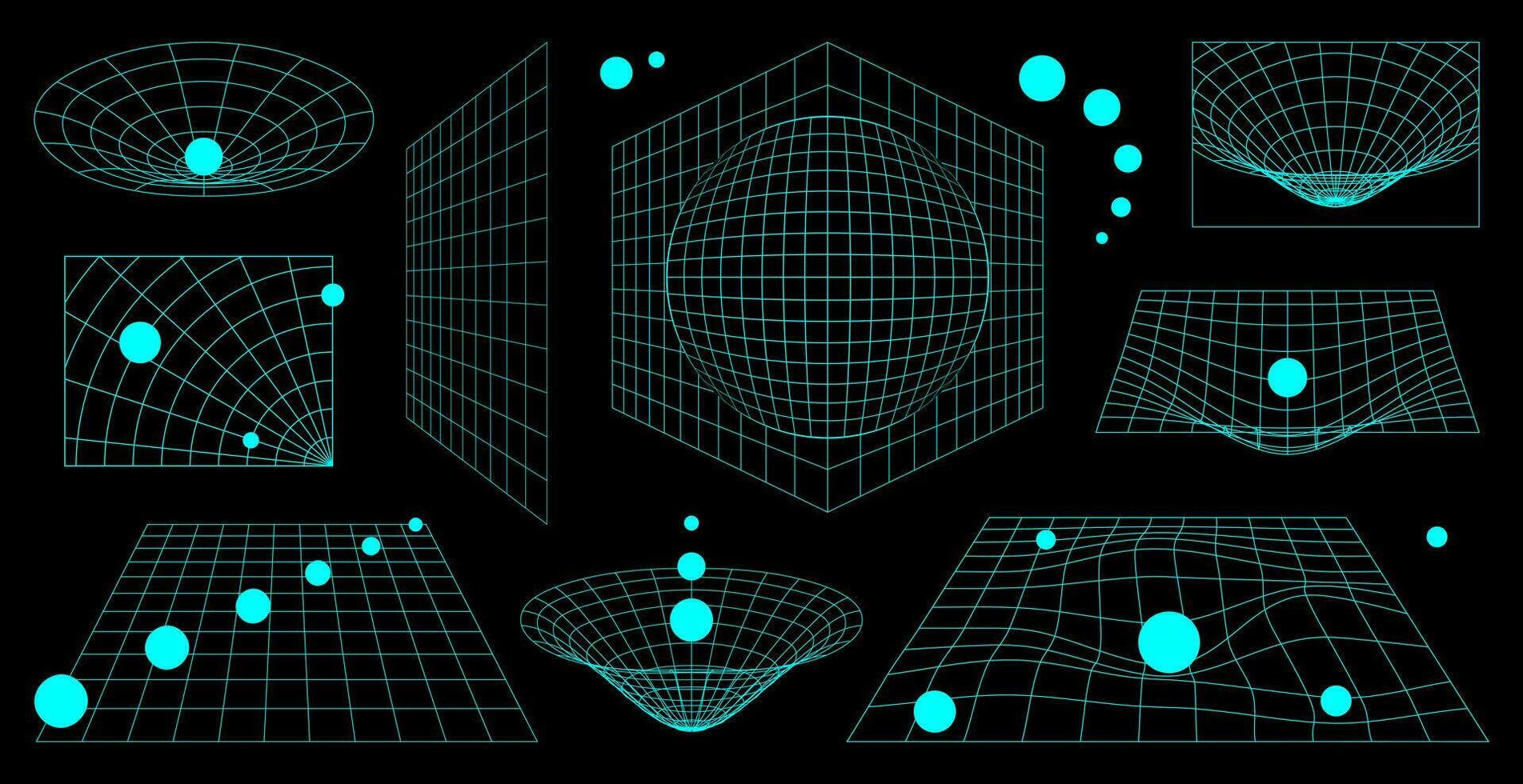 abstrakt 3d Drahtmodell Formen, Perspektive Gitter und Herz. y2k futuristisch retro ästhetisch Satz. surreal Neon- Geometrie Zahlen. vektor