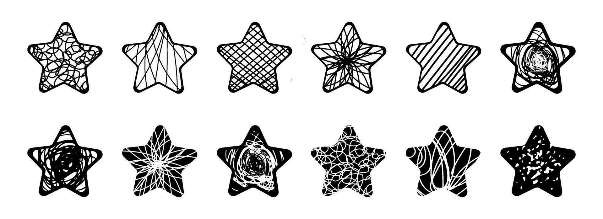 uppsättning av svart genombrutna stjärnor med lockar. klotter linje stil. samling av isolerat skära ut vektor design element.