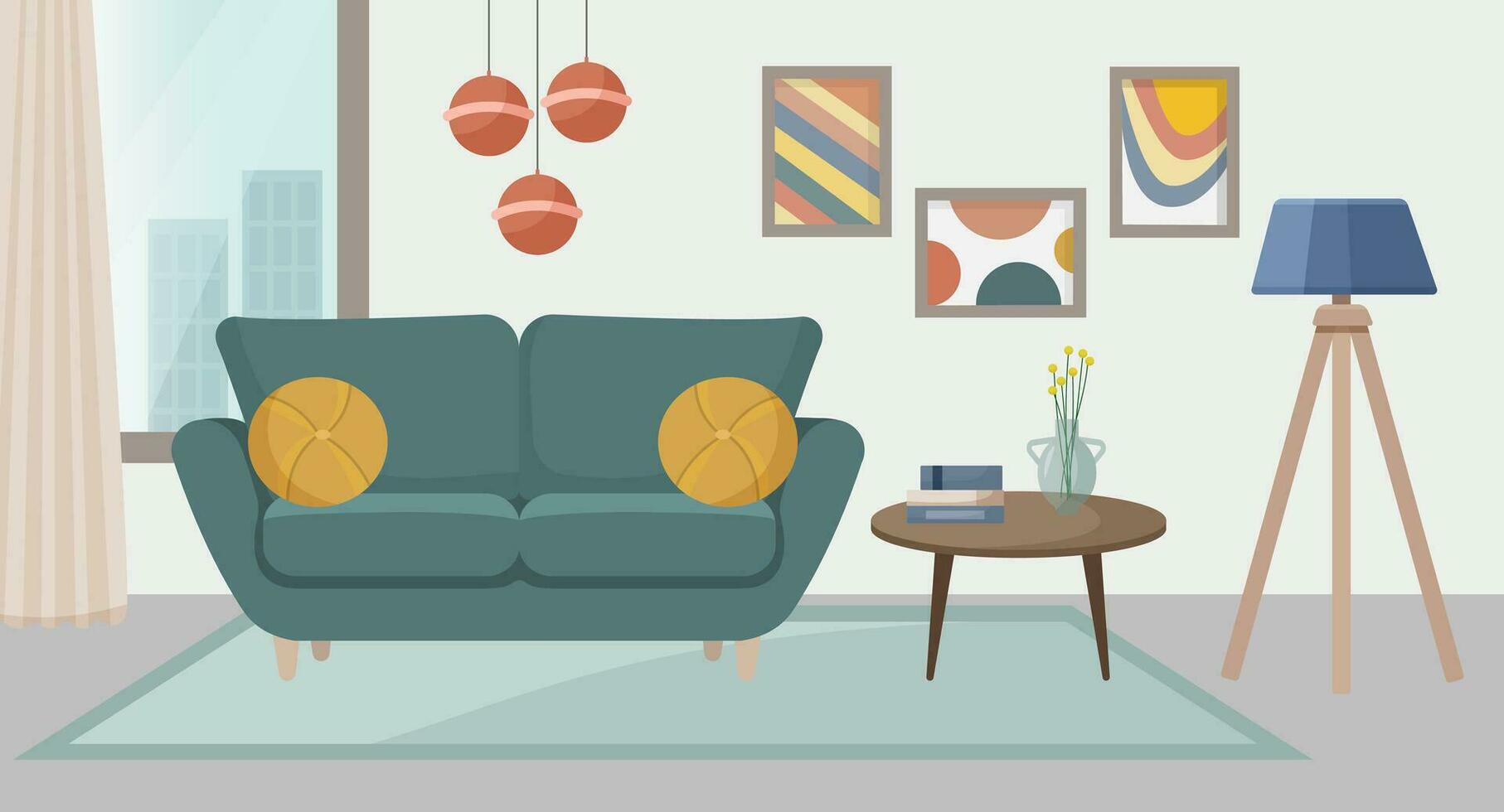 Leben Zimmer Innere mit Sofa, Fußboden Lampe, Gemälde, Stadt Aussicht Fenster, Kaffee Tisch. Leben Zimmer. Zuhause Möbel. Vektor Illustration im eben Stil.