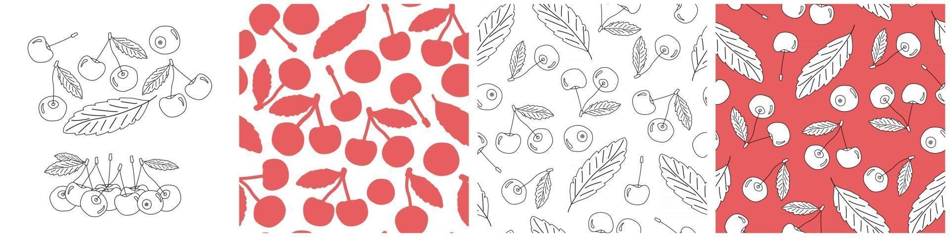 uppsättning kontur och silhuett vektor sömlösa mönster av körsbär. doodle cartoon isolerade handritad illustration av bär i vita, svarta och röda färger