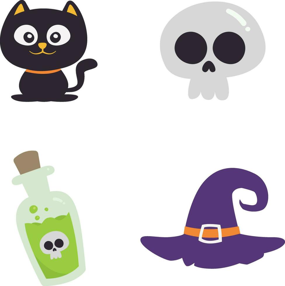 glücklich Halloween Vektor Symbol Satz. bestehend aus von Schläger, Katze, Sarg, Geist, Spinne, Kürbis und mehr. isoliert Vektor