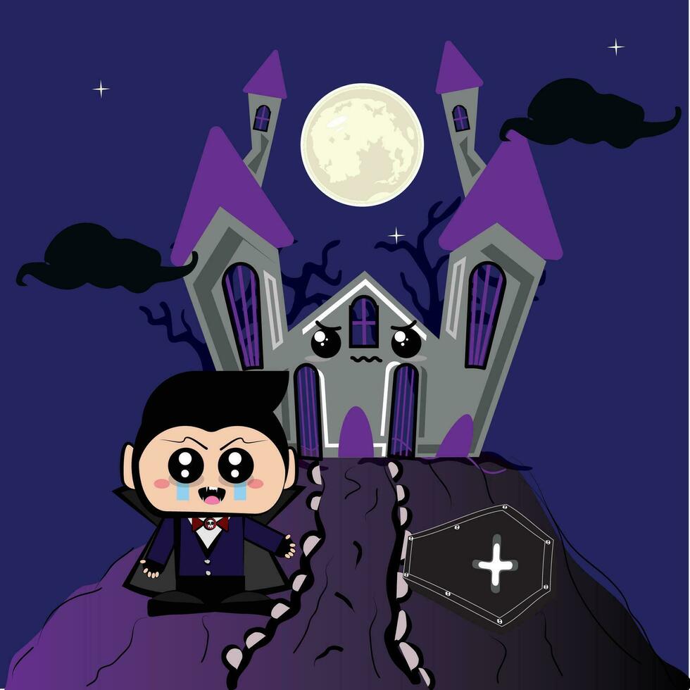 Vampir kawaii mit ein unheimlich Schloss. Halloween Karikatur - - Vektor
