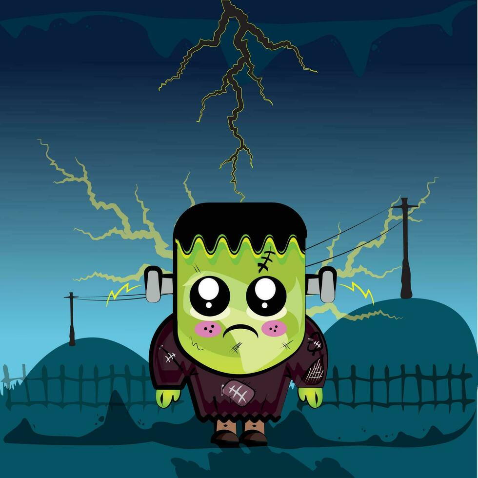 Monster- kawaii auf ein Donner Nacht. Halloween Karikatur - - Vektor
