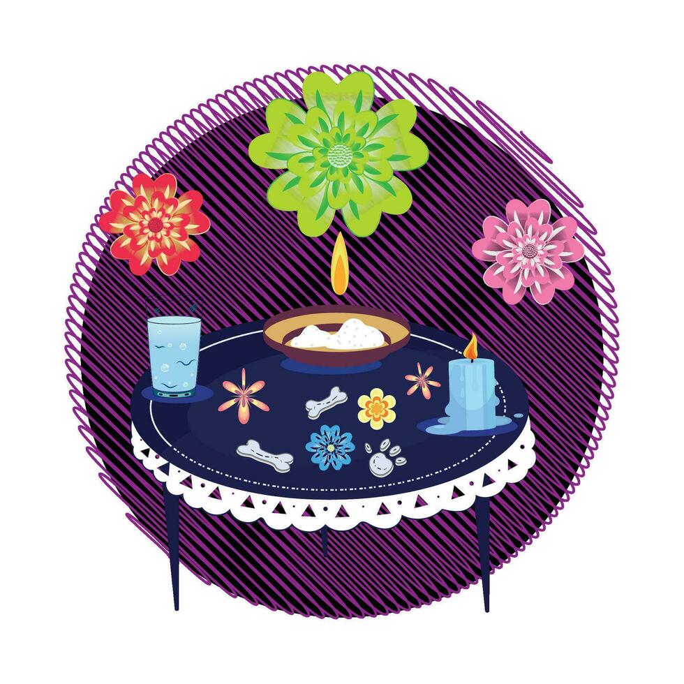 dekorerad altare med blommor och ljus dia de muertos vektor illustration