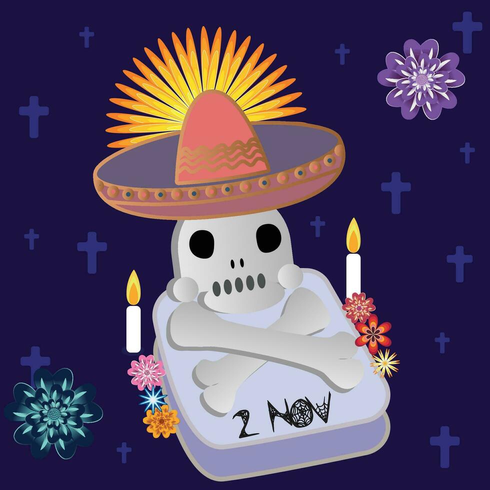 Grab dekoriert Knochen Kerzen und Blumen dia de Muertos Vektor Illustration