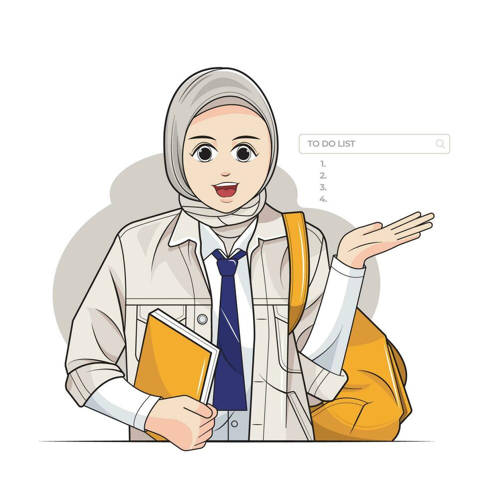 liten unge muslim, skola flicka en hijab flicka som visar Sök motorer vektor illustration proffs ladda ner